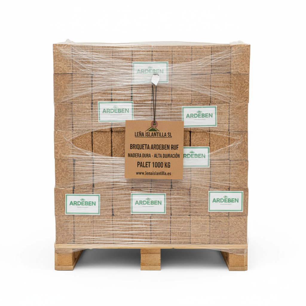 Briqueta ARDEBEN RUF – Madera Dura Natural – Larga Duración – 100 Paquetes de10 kg (5 briquetas)