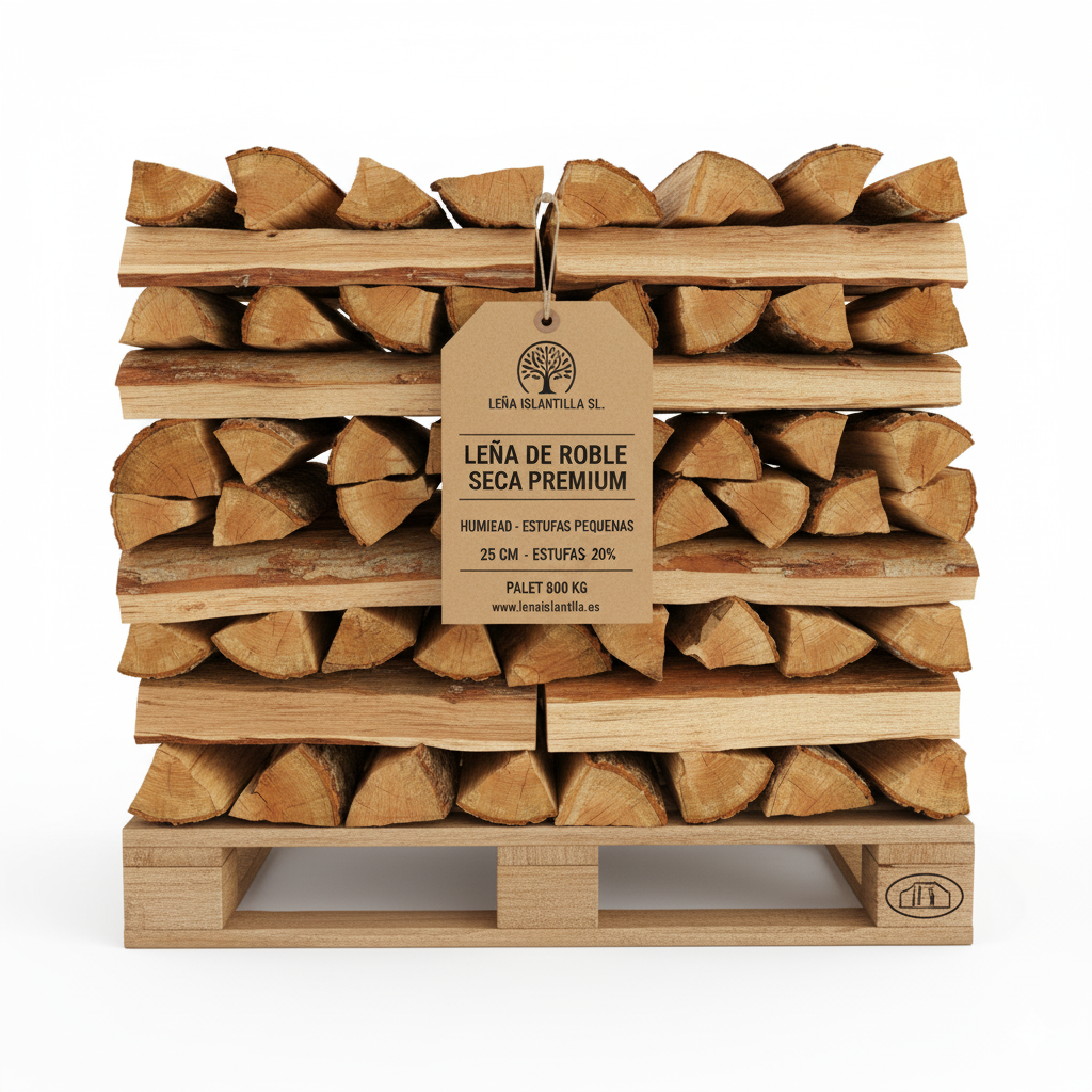 Leña de Roble Seca Premium (25 cm) – Humedad <20% - Palet 800 kg - Estufas Pequeñas