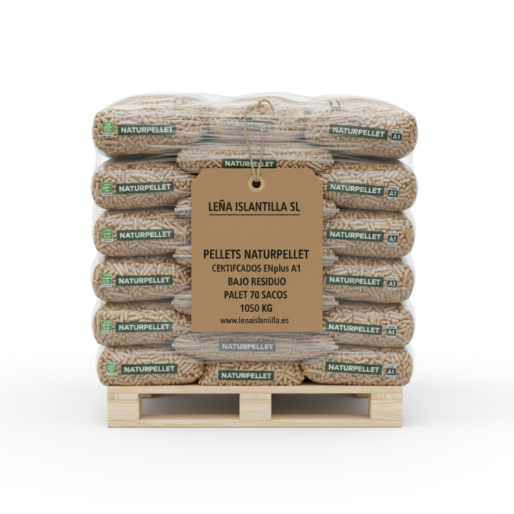 Pellets NATURPELLET Certificados ENplus A1 – Bajo Residuo – Saco 15 kg – Palet 1050 kg