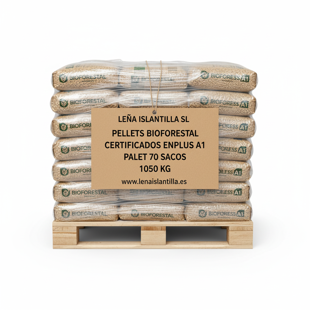 Pellets BIOFORESTAL Certificados ENplus A1 – Saco 15 kg – Palet 70 Sacos (1050 kg)